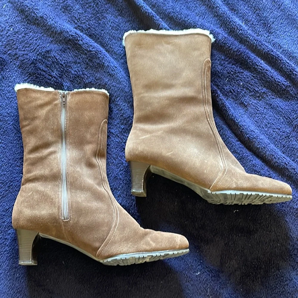 COLE HAAN BROWN MID-CALF HEELED BOOTS SHERPA LINED WITH ZIPPERS SIZE 9.5